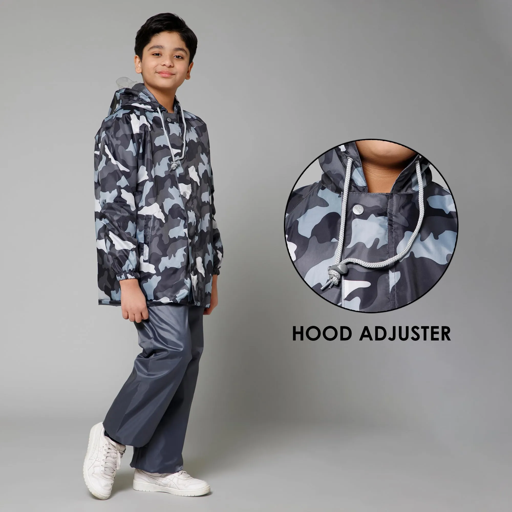 THE CLOWNFISH Comrad Series Kids Waterproof Nylon Double Coating Reversible Raincoat with Hood and Reflector Logo at Back. Set of Top and Bottom. Printed Plastic Pouch. Kid Age-14-16 years(Grey Camo)