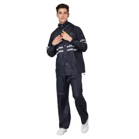 THE CLOWNFISH Darius Series Men's Waterproof Polyester Raincoat with Hood and Reflector Logo at Back for Night Travelling. Set of Top and Bottom. Printed Plastic Pouch with Rope (Blue, XX-Large)