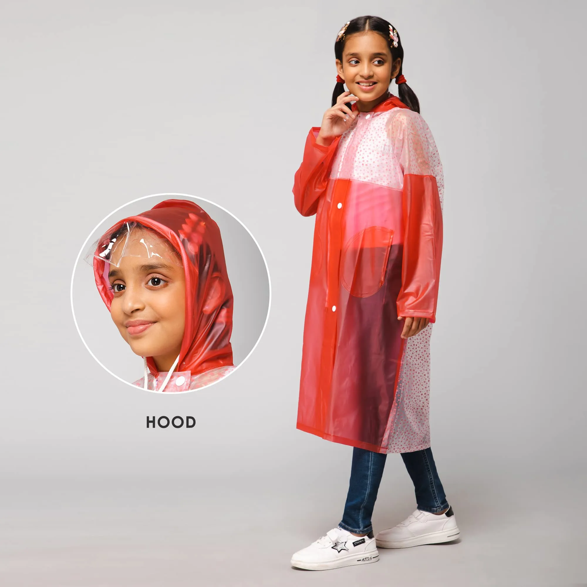 THE CLOWNFISH Drip Dude Series Unisex Kids Waterproof Single Layer PVC Longcoat/Raincoat with Adjustable Hood. Age-3-4 Years (Rose Red)