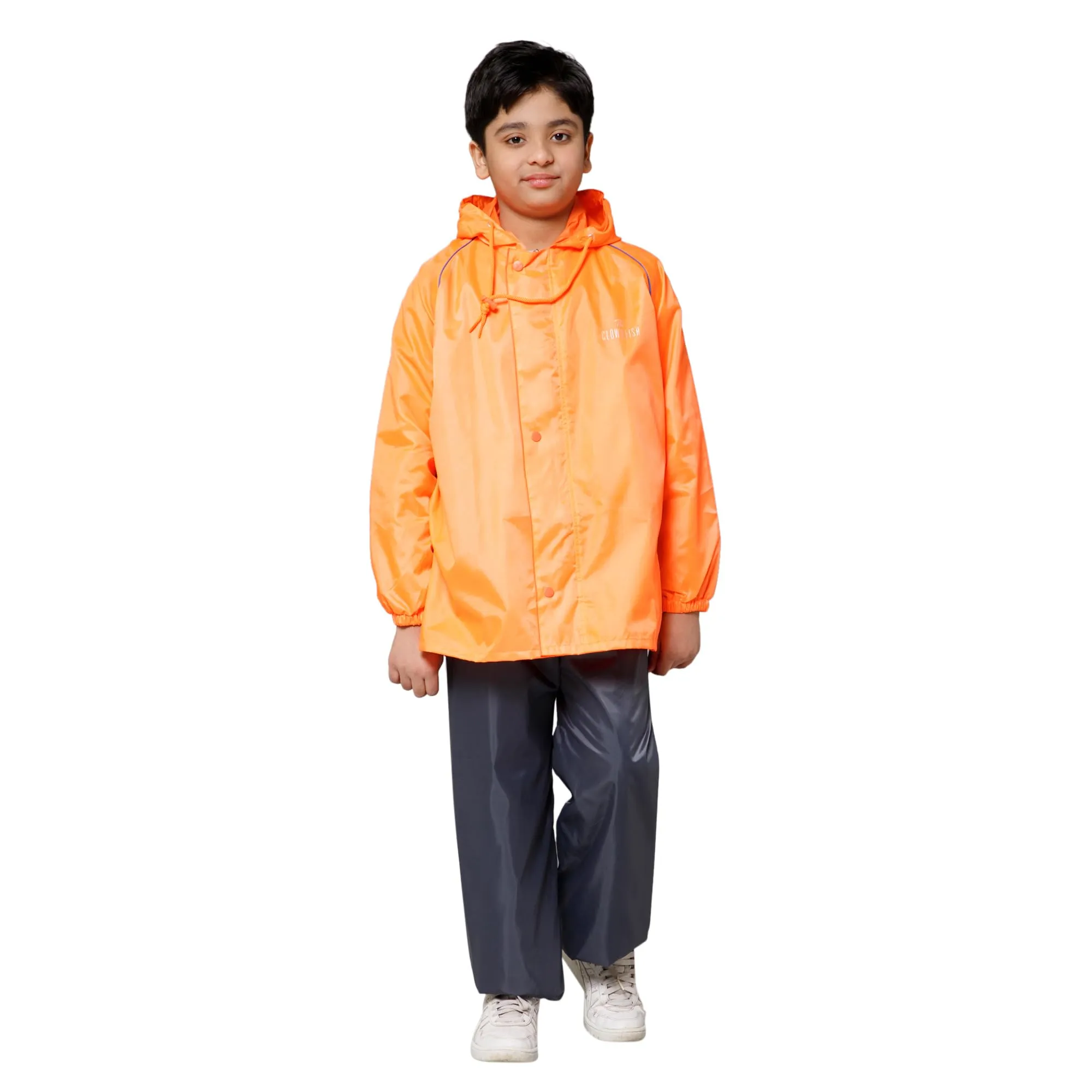 THE CLOWNFISH Duke Series Kids Waterproof Polyester Double Coating Reversible Raincoat with Hood and Reflector Logo at Back. Set of Top and Bottom. Printed Plastic Pouch. Kid Age-5-7 years (Orange)