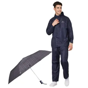 THE CLOWNFISH Polyester Combo Of Standard Length Rain Coat For Men Waterproof Polyester (Blue Xl) Umbrella 3 Fold Waterproof Pongee (Checks Design- Dark Pink)