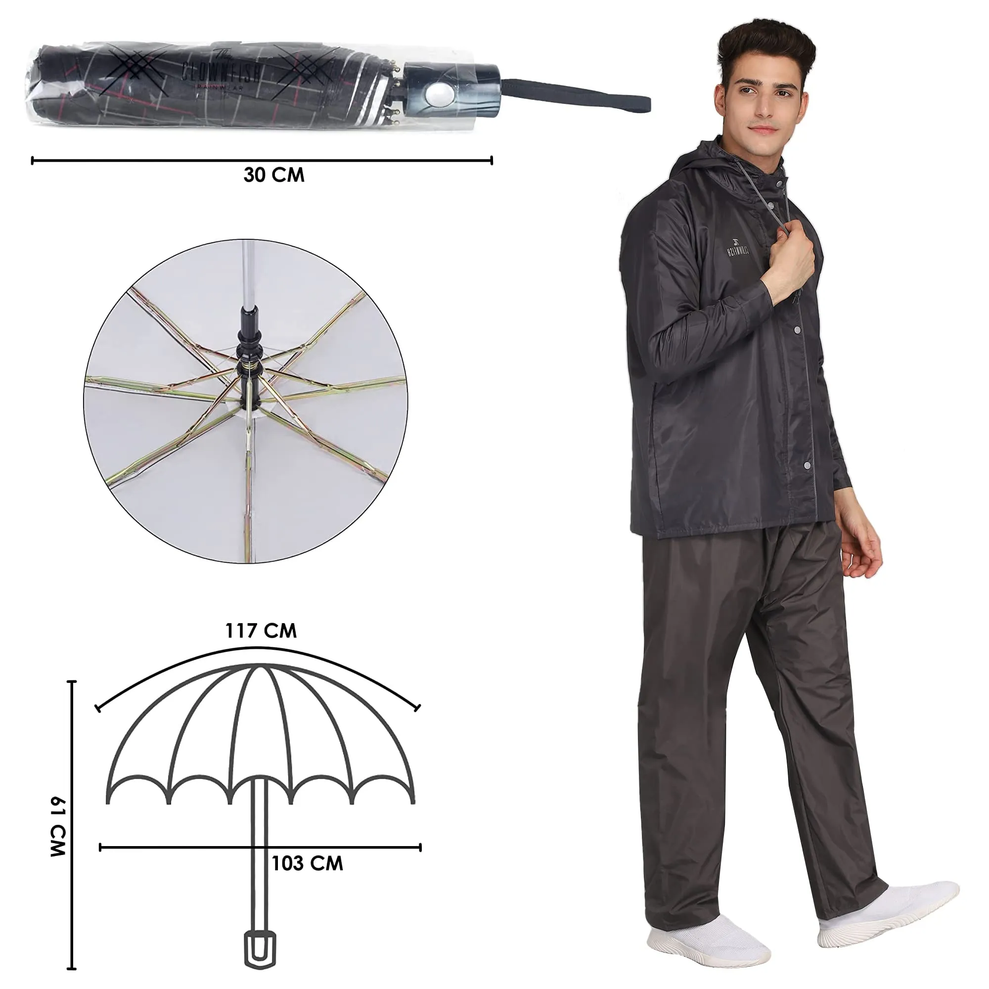 THE CLOWNFISH Polyester Combo Of Standard Length Rain Coat For Men Waterproof Polyester (Grey 2Xl) Umbrella 3 Fold Waterproof Pongee (Checks Design- Dark Pink)