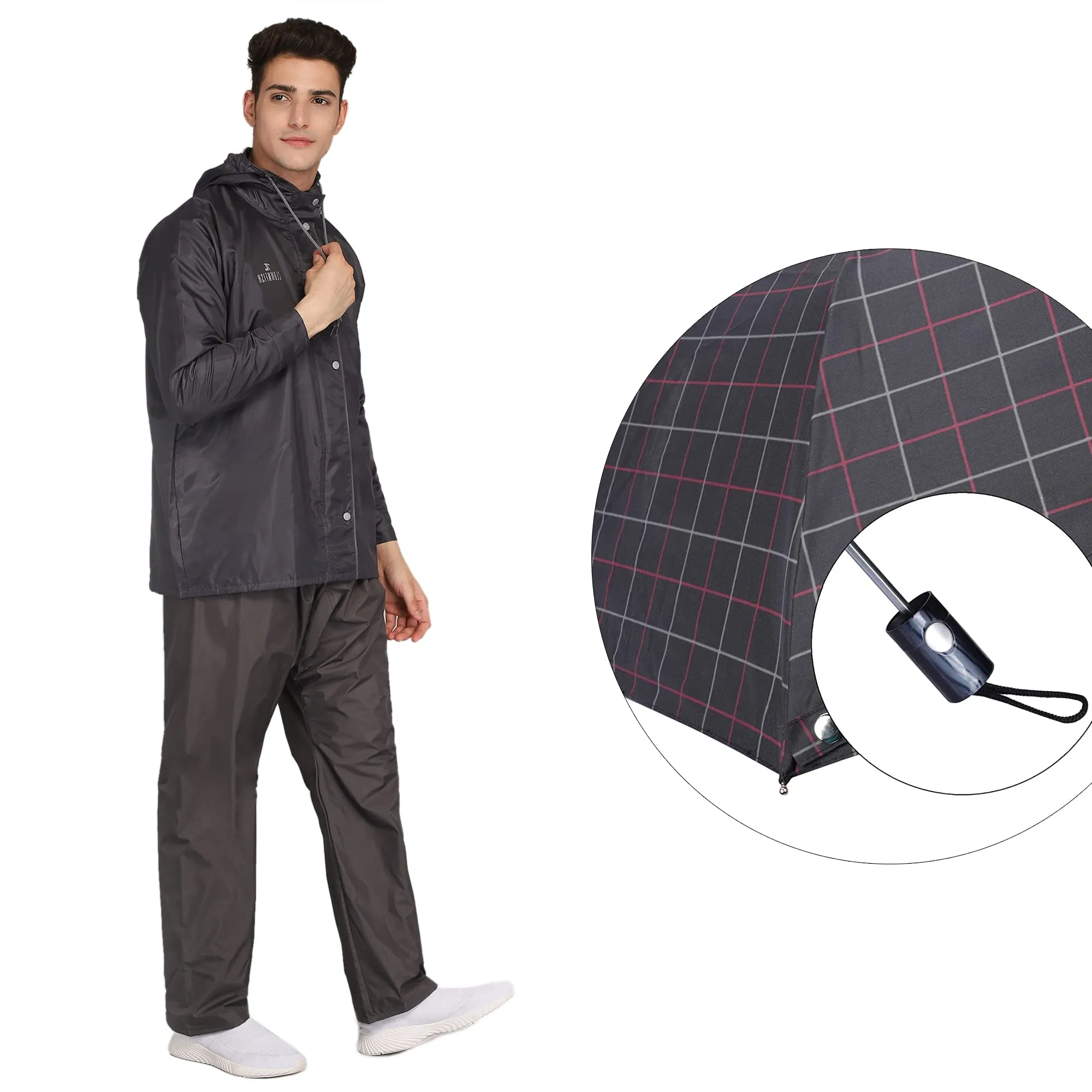 THE CLOWNFISH Polyester Combo Of Standard Length Rain Coat For Men Waterproof Polyester (Grey 2Xl) Umbrella 3 Fold Waterproof Pongee (Checks Design- Dark Pink)