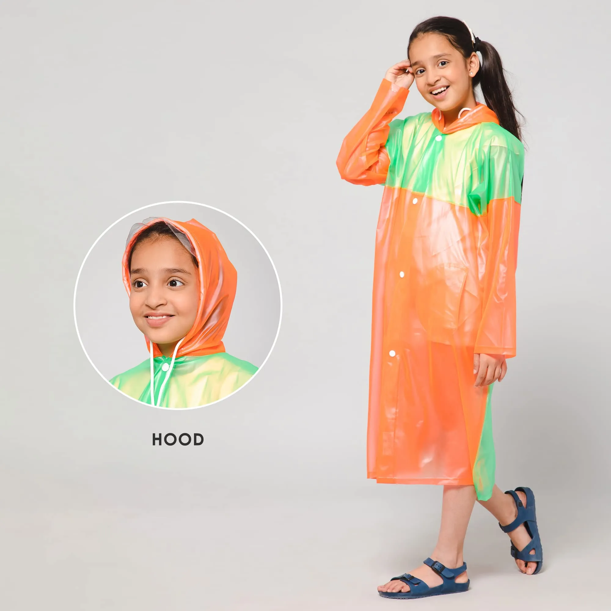 THE CLOWNFISH Puddle Jumper Series Unisex Kids Waterproof Single Layer PVC Longcoat/Raincoat with Adjustable Hood. Age-5-6 Years (Orange)