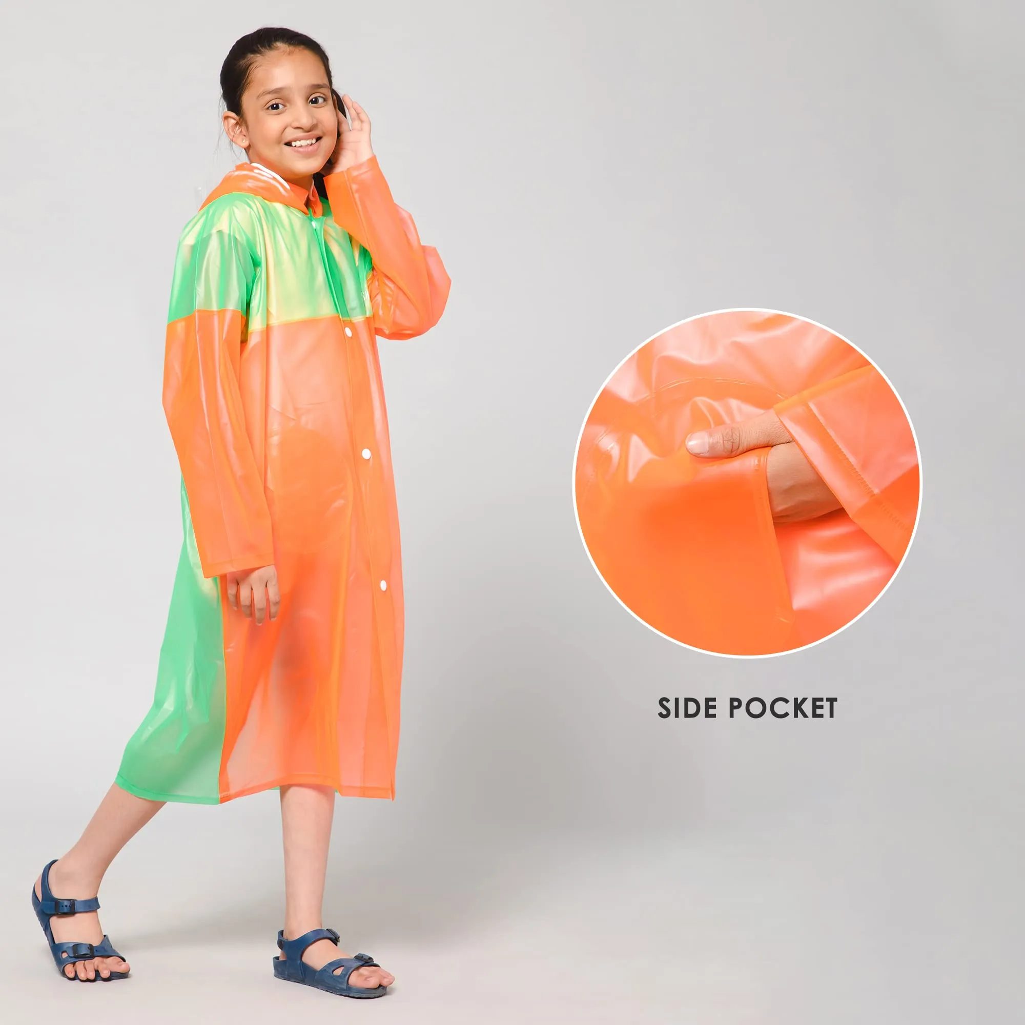 THE CLOWNFISH Puddle Jumper Series Unisex Kids Waterproof Single Layer PVC Longcoat/Raincoat with Adjustable Hood. Age-5-6 Years (Orange)