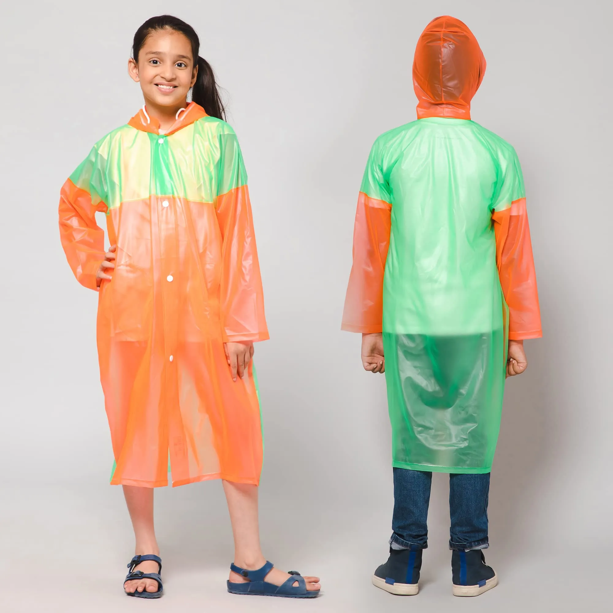 THE CLOWNFISH Puddle Jumper Series Unisex Kids Waterproof Single Layer PVC Longcoat/Raincoat with Adjustable Hood. Age-5-6 Years (Orange)