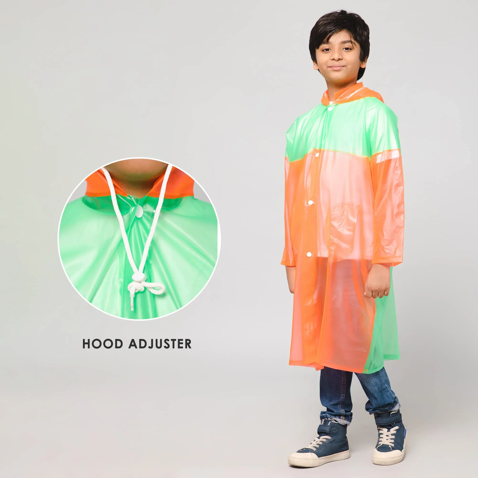 THE CLOWNFISH Puddle Jumper Series Unisex Kids Waterproof Single Layer PVC Longcoat/Raincoat with Adjustable Hood. Age-5-6 Years (Orange)