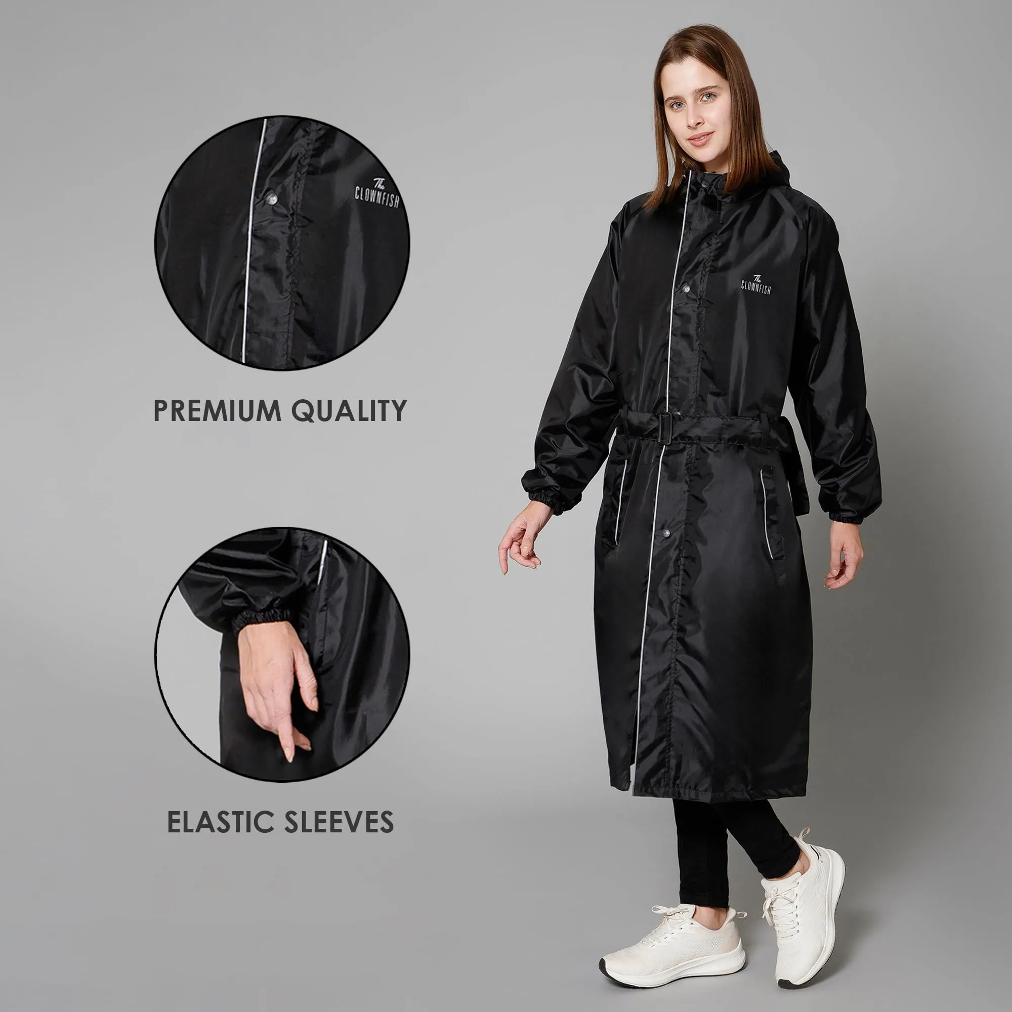 THE CLOWNFISH Raincoats for Women Raincoat for Ladies Waterproof Reversible Double Layer. Drizzle Diva Series (Black, XX-Large)