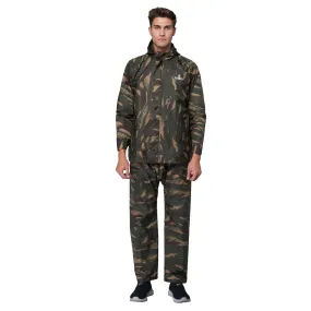 THE CLOWNFISH Ranger Series Men's Waterproof Polyester Double Coating Reversible Raincoat with Hood and Reflector Logo at Back for Night Travelling. Set of Top and Bottom.Printed Pouch with Rope (Green Camo, XXXXL)