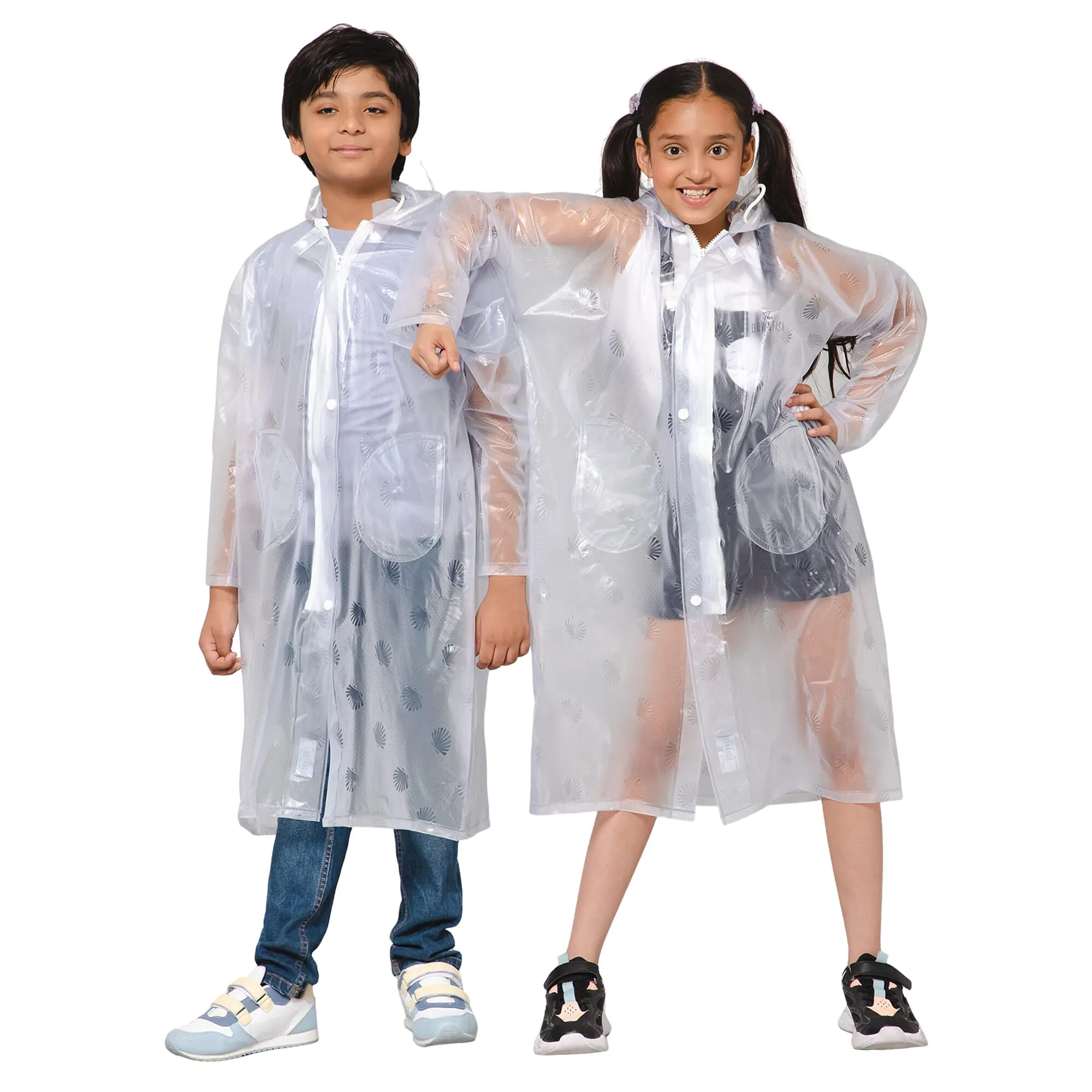 THE CLOWNFISH Storm Shield Series Unisex Kids Waterproof Single Layer PVC Longcoat/Raincoat with Adjustable Hood. Age-5-6 Years (Transparent White)