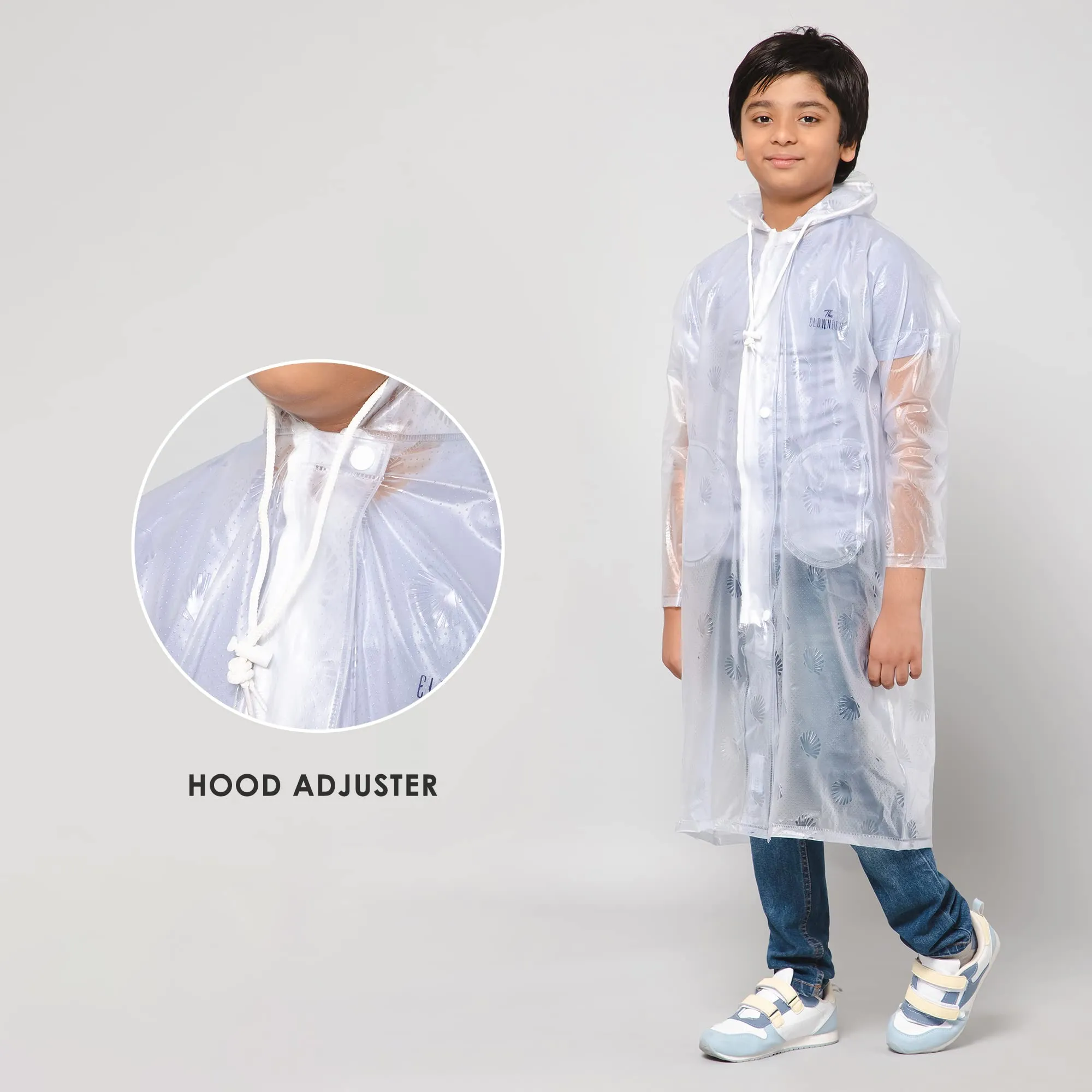 THE CLOWNFISH Storm Shield Series Unisex Kids Waterproof Single Layer PVC Longcoat/Raincoat with Adjustable Hood. Age-5-6 Years (Transparent White)