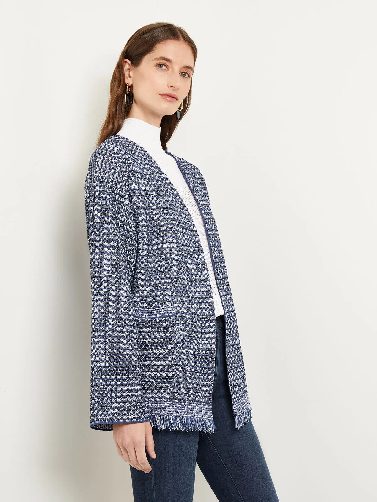 Tie-Waist Fringe Trim Intarsia Knit Cardigan