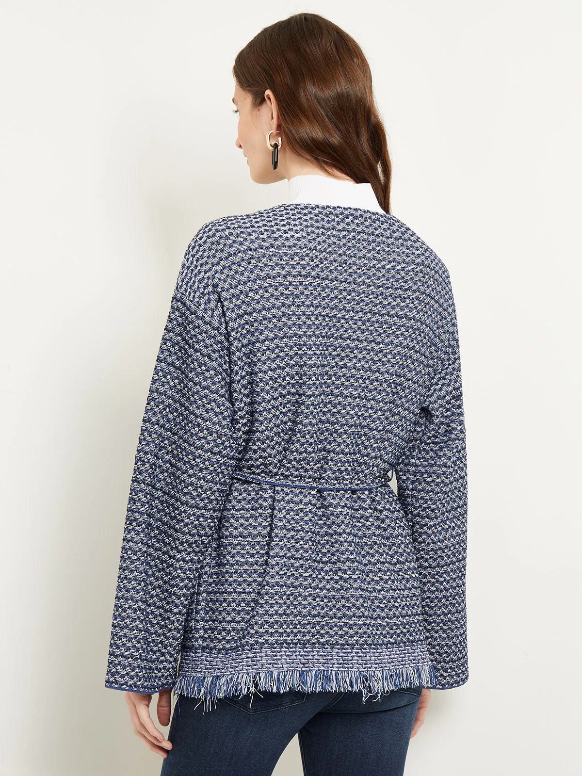 Tie-Waist Fringe Trim Intarsia Knit Cardigan