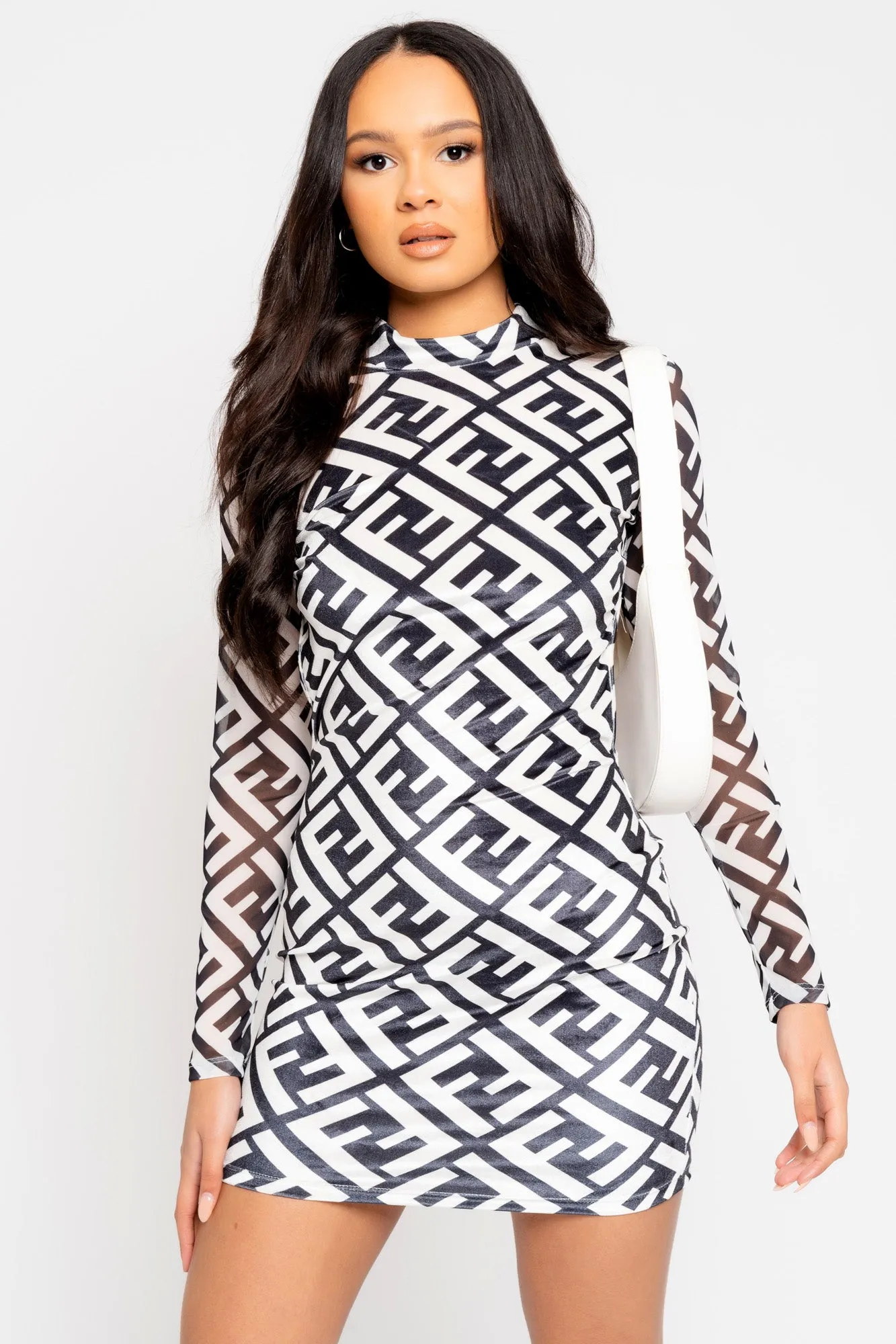 Truth Hurts Black White Crush Velvet Printed Mock Neck Long Sleeve Backless Bodycon Dress