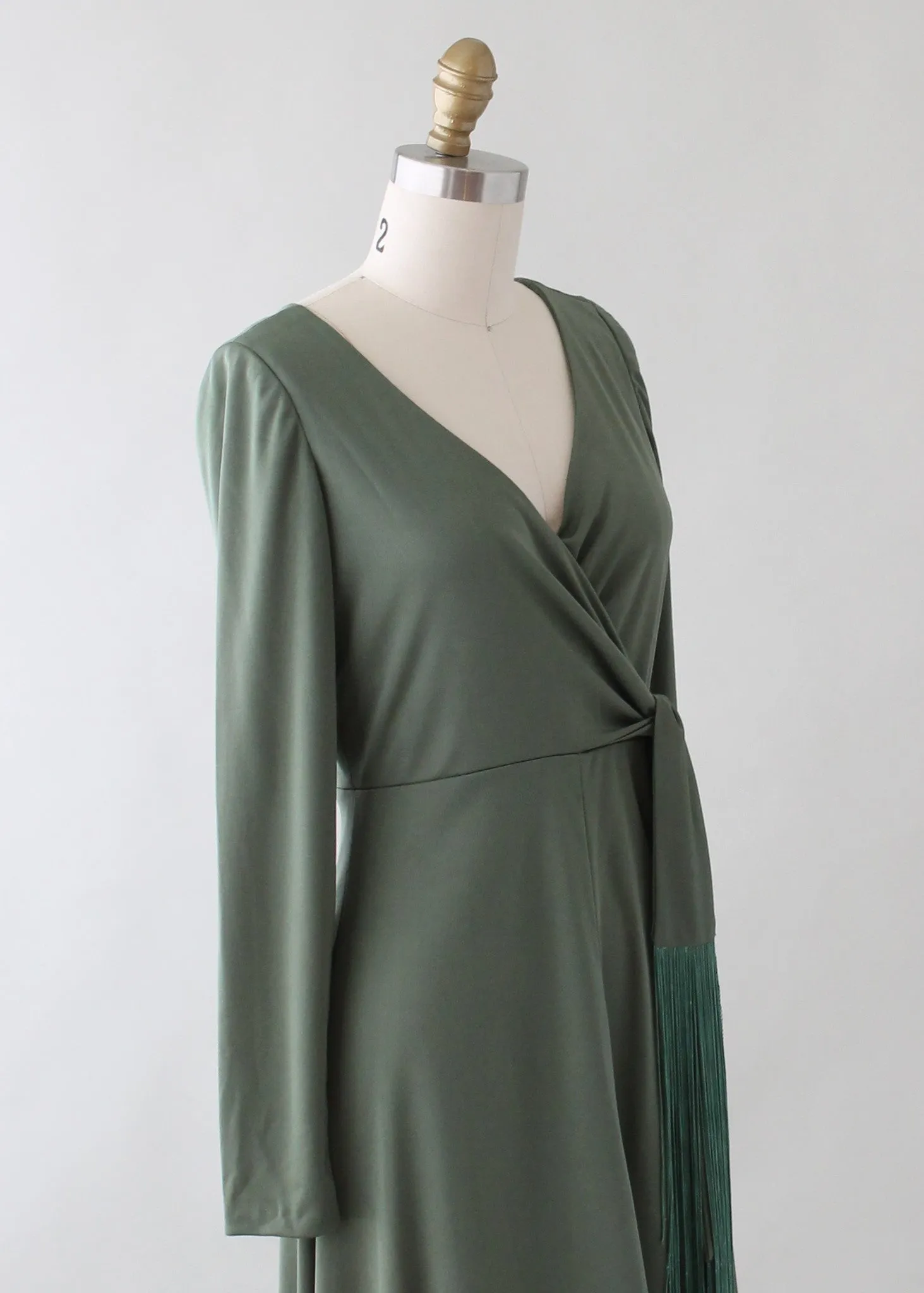 Vintage 1970s Moss Green Tasseled Maxi Dress