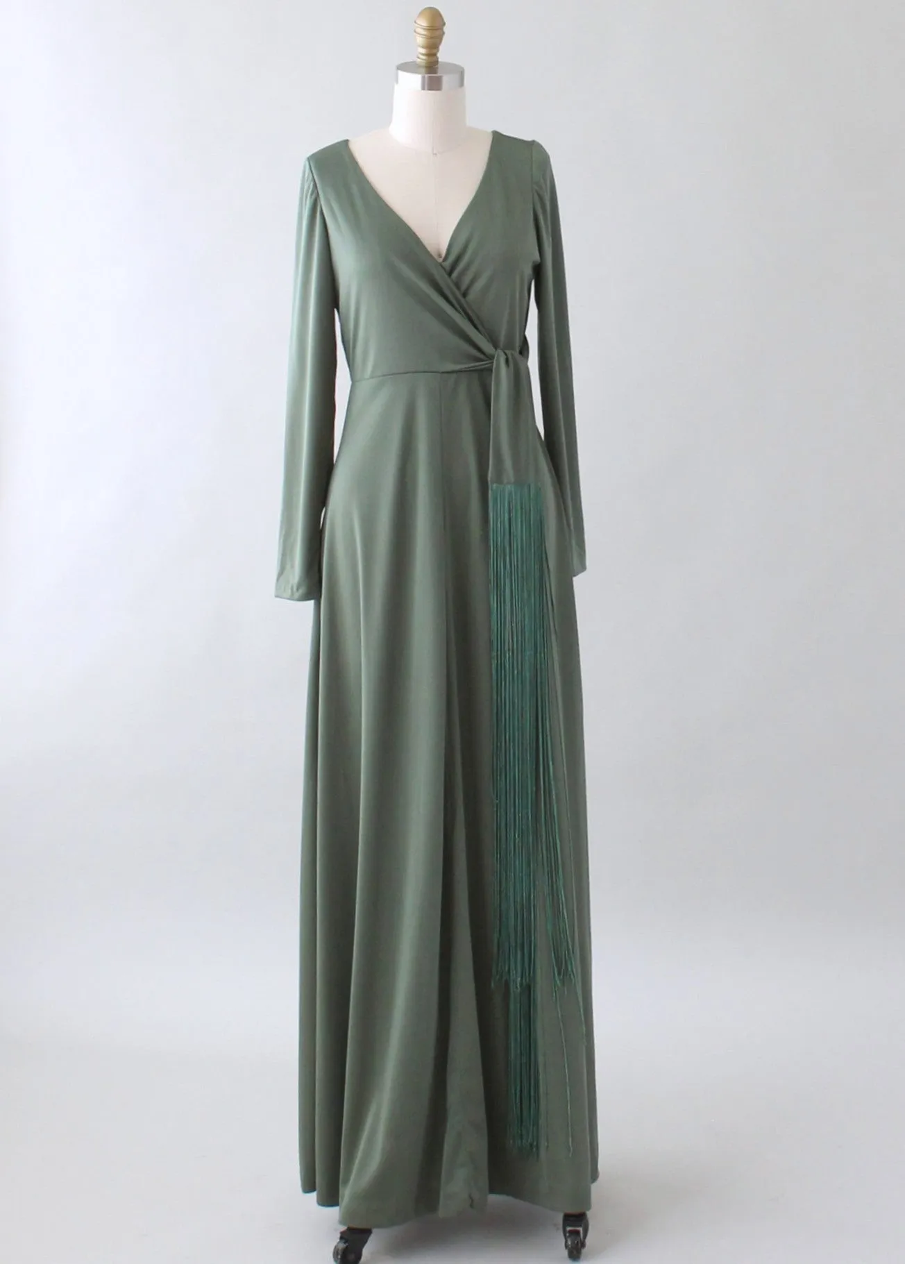 Vintage 1970s Moss Green Tasseled Maxi Dress