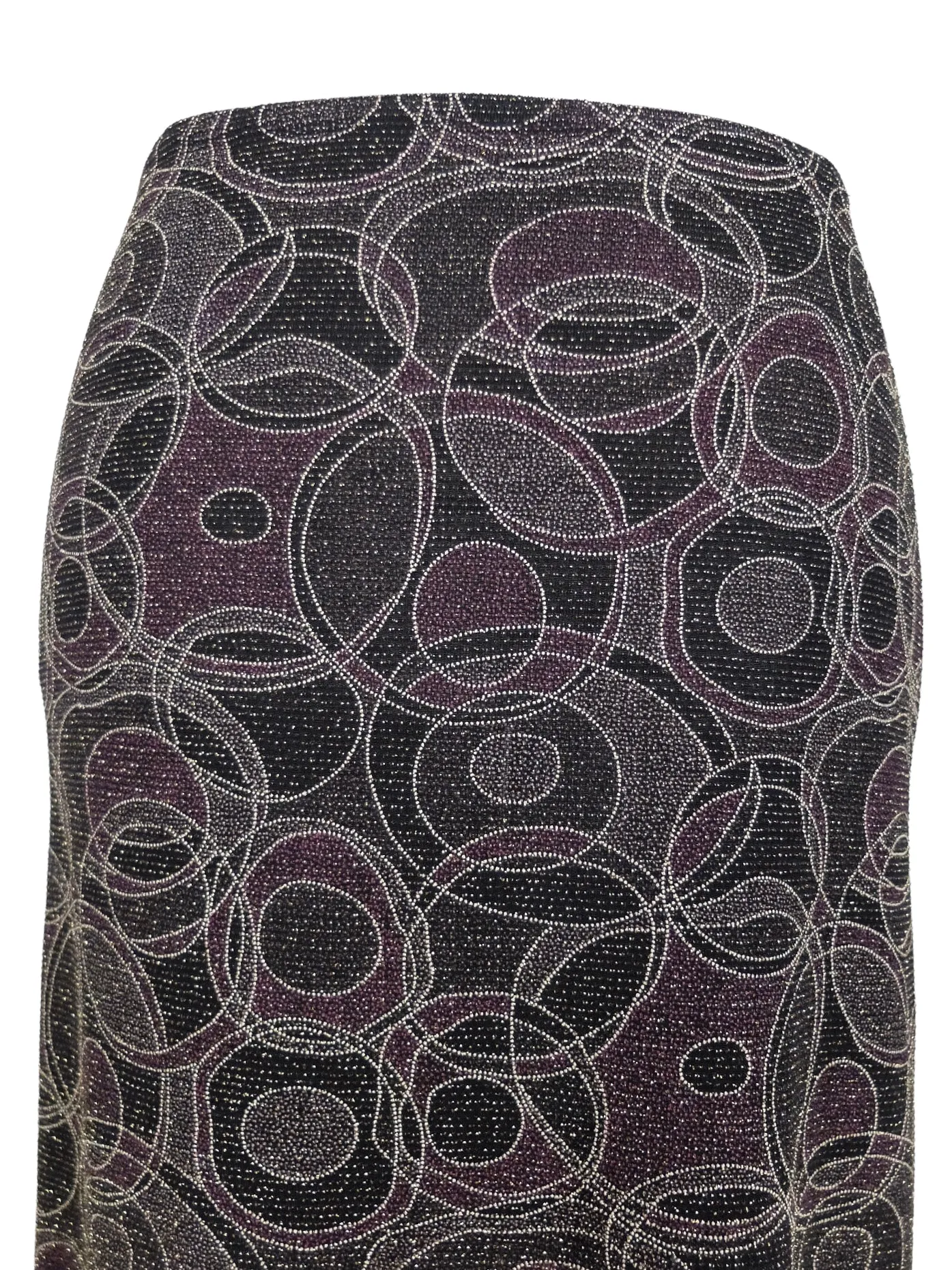 Vintage 2000s Y2K Low Rise Grunge Metallic Black & Purple Glitter Abstract Patterned Straight Silhouette Pencil Midi Skirt | Size S-M