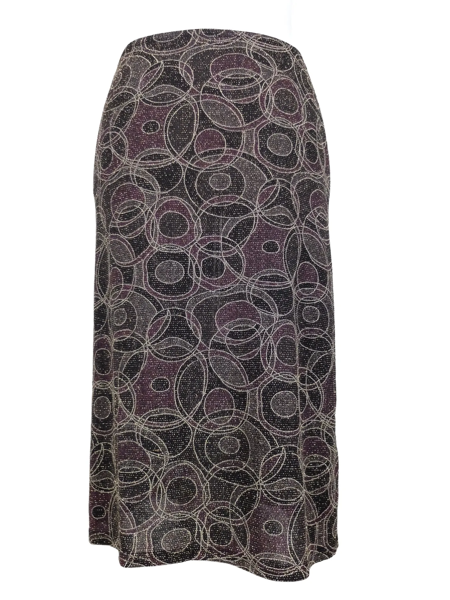 Vintage 2000s Y2K Low Rise Grunge Metallic Black & Purple Glitter Abstract Patterned Straight Silhouette Pencil Midi Skirt | Size S-M