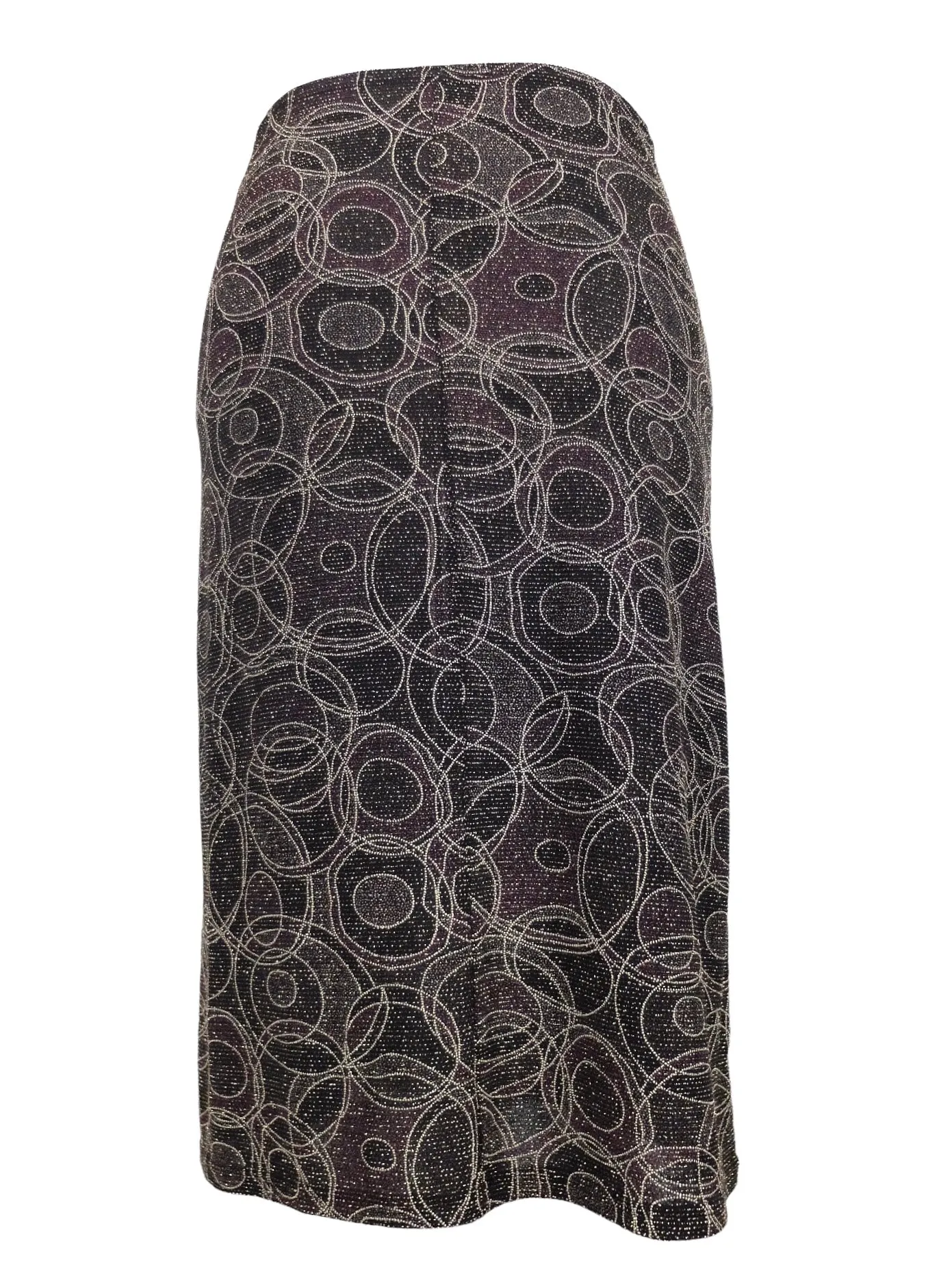 Vintage 2000s Y2K Low Rise Grunge Metallic Black & Purple Glitter Abstract Patterned Straight Silhouette Pencil Midi Skirt | Size S-M