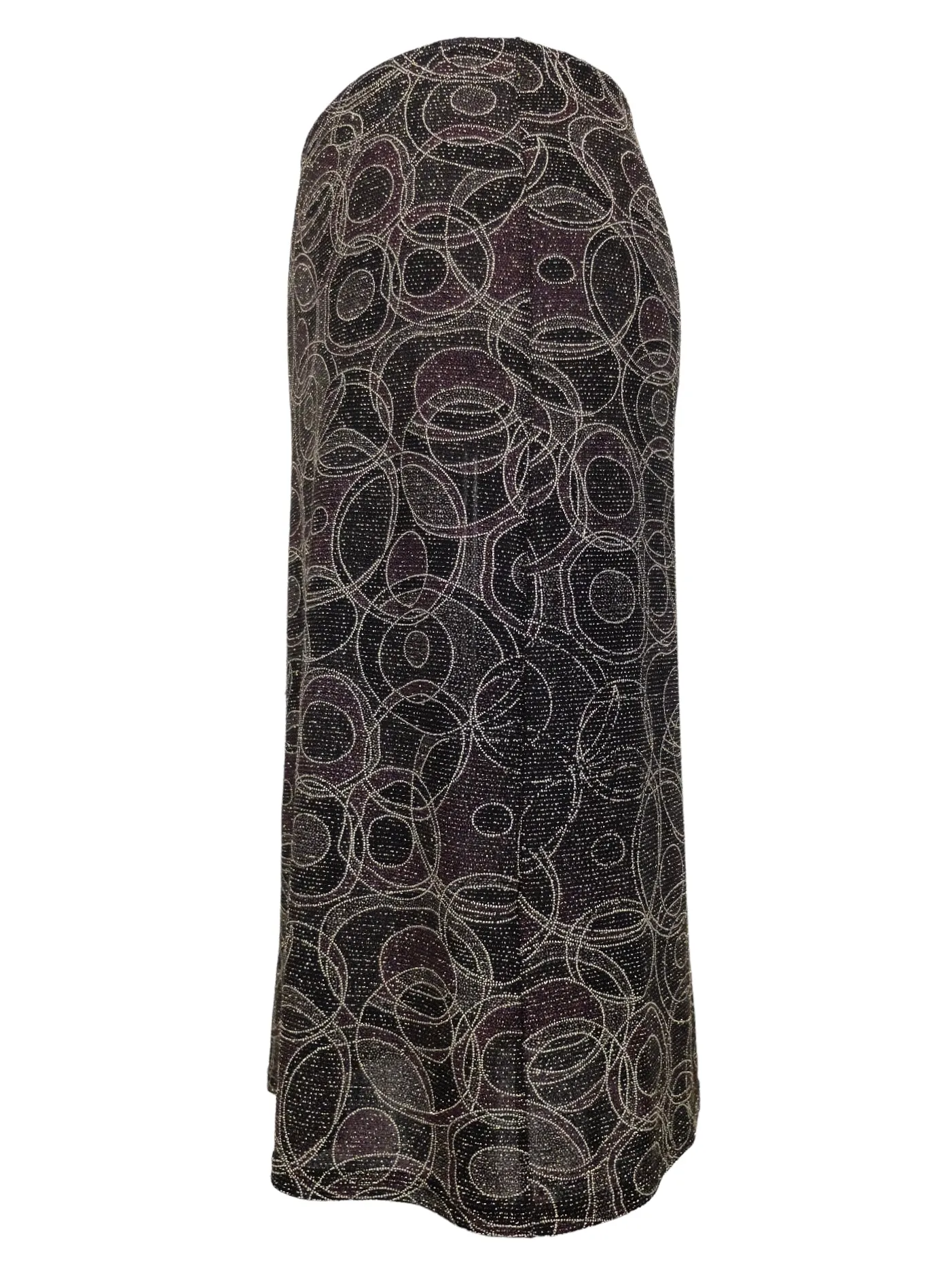 Vintage 2000s Y2K Low Rise Grunge Metallic Black & Purple Glitter Abstract Patterned Straight Silhouette Pencil Midi Skirt | Size S-M