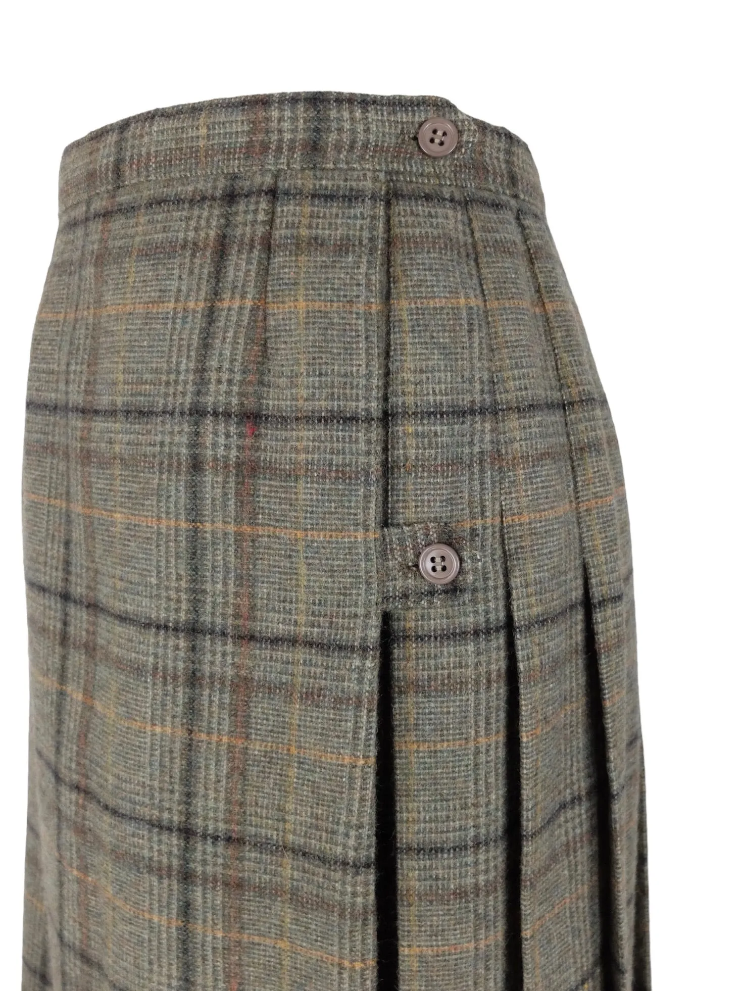 Vintage 60s Mod Chic Academia Schoolgirl Style Wool Khaki Green Plaid Check Print A-Line Pleated Midi Wrap Skirt