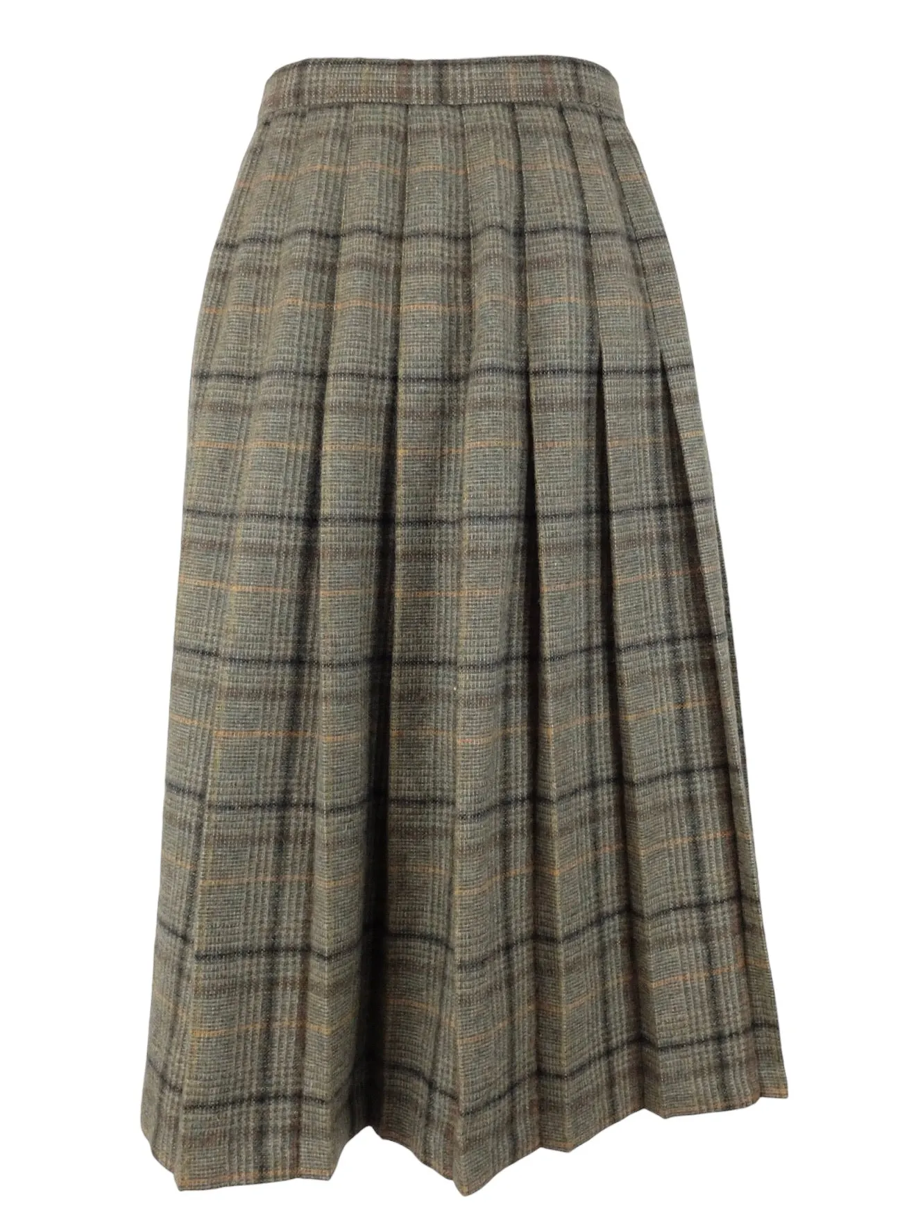 Vintage 60s Mod Chic Academia Schoolgirl Style Wool Khaki Green Plaid Check Print A-Line Pleated Midi Wrap Skirt