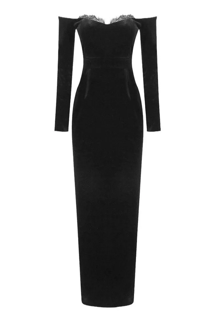 Vintage Eyelash Off Shoulder Long Sleeve Bodycon Velvet Maxi Evening Dress