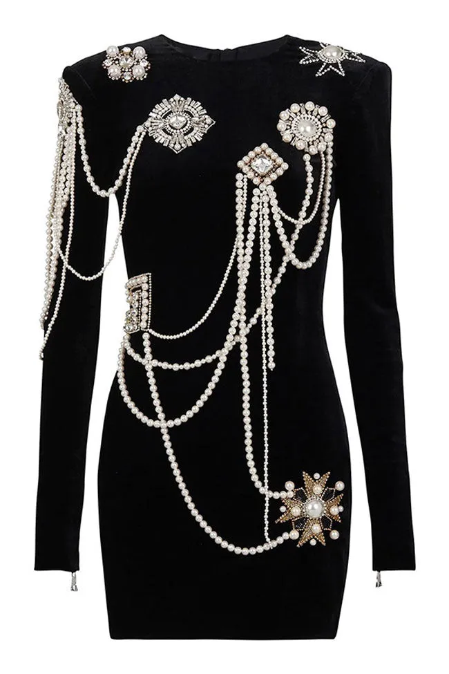 Vintage Pearl Tassel Rhinestone Long Sleeve Velvet Party Mini Dress - Black