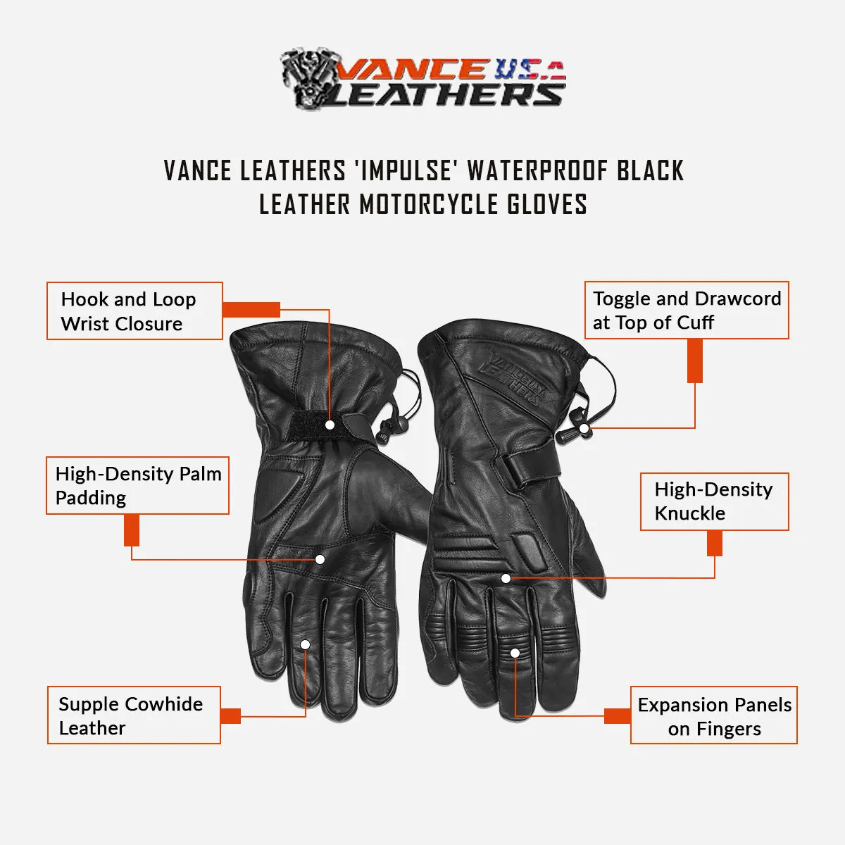 VL410 Impulse Waterproof Leather Motorcycle Gloves