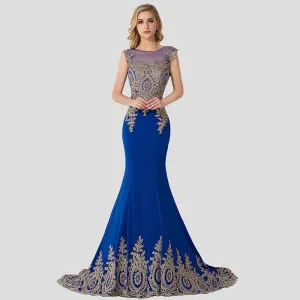 Wenkouban Plus Size Blue Prom Dresses Long Women Mermaid Train Party Gown Birthday Gift Lady Luxury Gold Lace Appliques See through Back