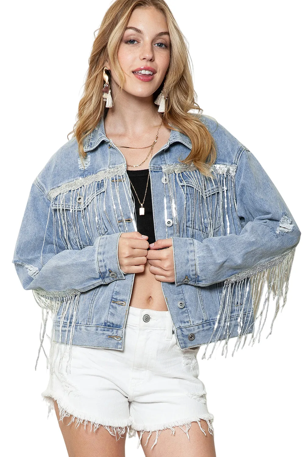 Wholesale Blue Sequined Fringe Distressed Button Up Denim Jacket