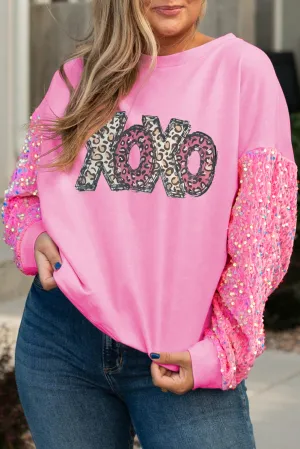 Wholesale Pink Leopard XOXO Graphic Sequined Sleeve Plus Sweatshirt