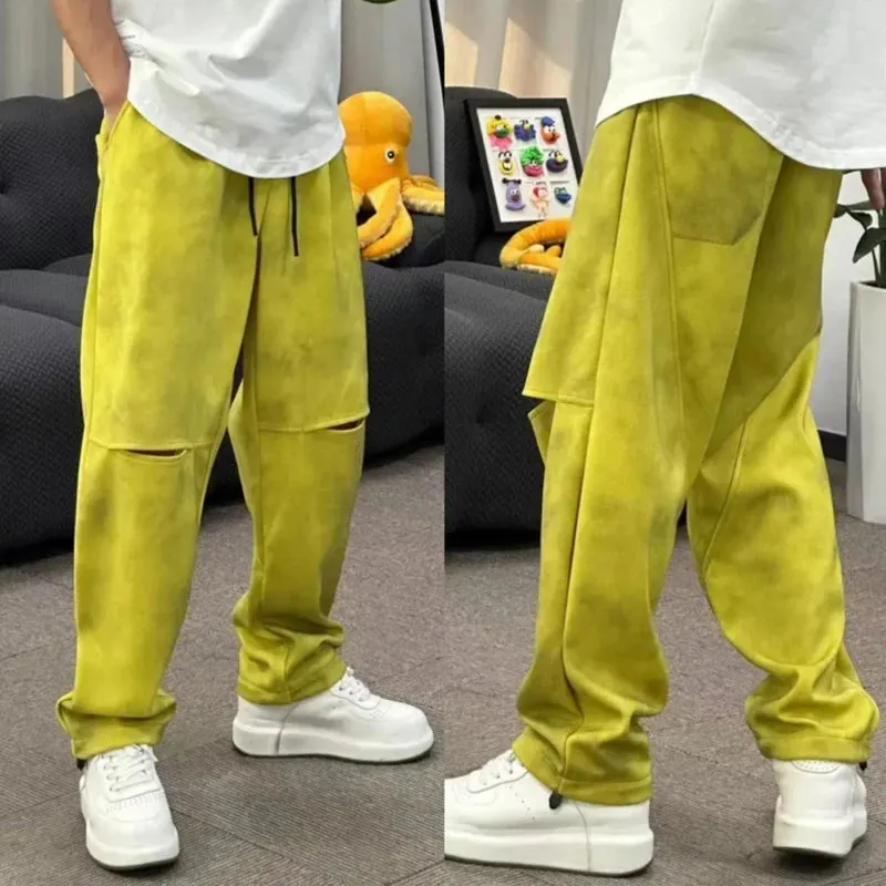 Wiaofellas  -  Casual Solid Color Loose Straight Trousers Fashion Ice Silk Pants Men's Drawstring Hollow Out Baggy Sweatpants Streetwear