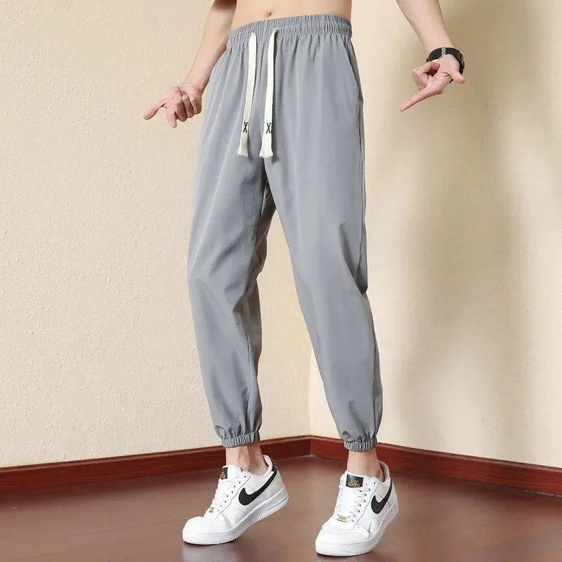 Wiaofellas  -  Summer Straight  Youth Fashion Mens Pants Casual Solid Quick Drying Ice Silk Sports Pants Sweatpants Thin Large Trousers