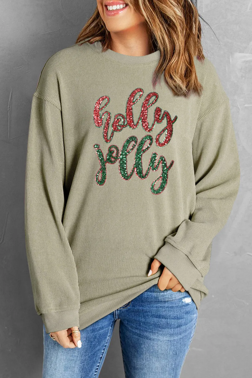 Women Christmas Sweatshirts Sequined Holly Jolly Graphic Corded Sweatshirt