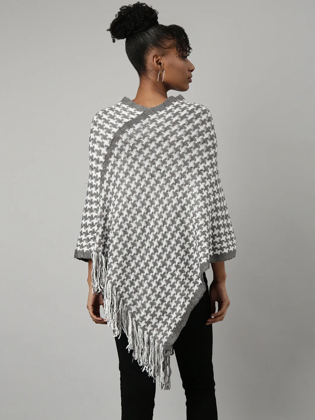 Women Geometric Grey Longline Poncho