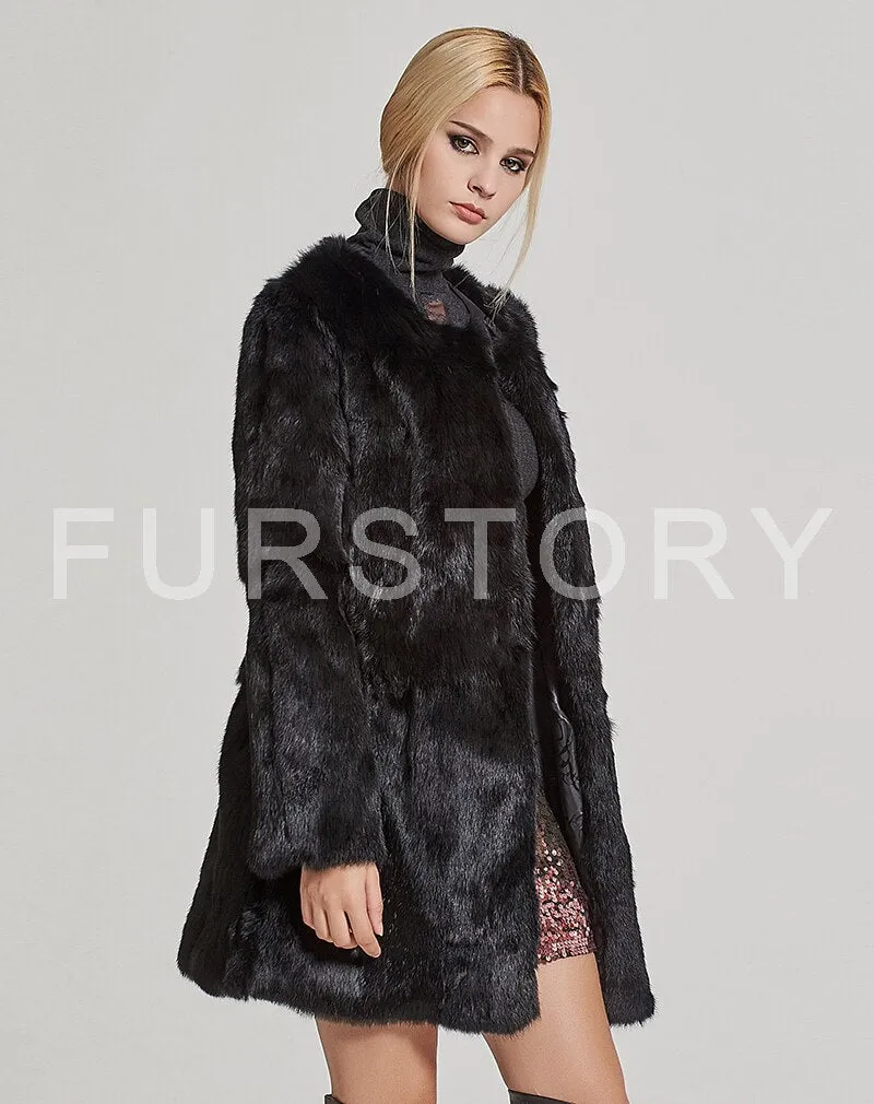 Women's Coats Long Real Rabbit Fur Coat Winter jacket O-Neck Outerwear Fur Story FS161163