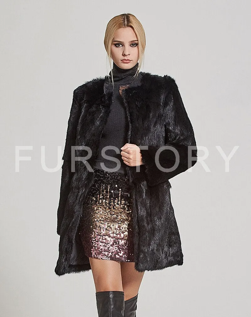 Women's Coats Long Real Rabbit Fur Coat Winter jacket O-Neck Outerwear Fur Story FS161163