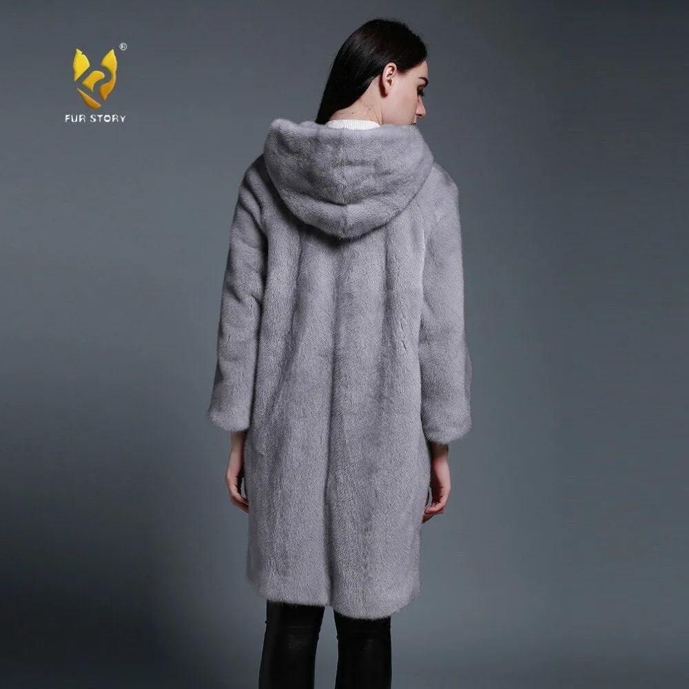 Women's Genuine Mink Fur Coat with Hood Real Mink Fur Hoodie Outwear 161210