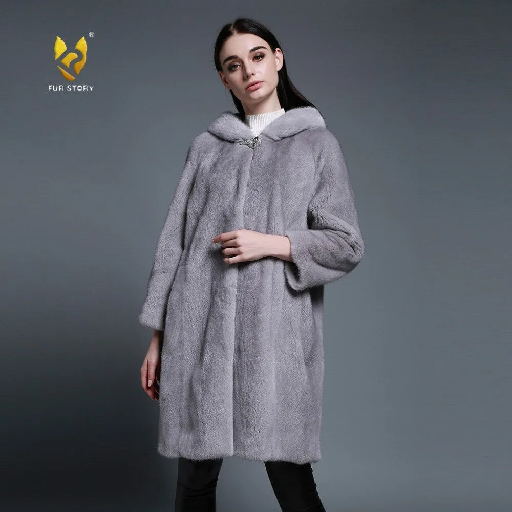 Women's Genuine Mink Fur Coat with Hood Real Mink Fur Hoodie Outwear 161210