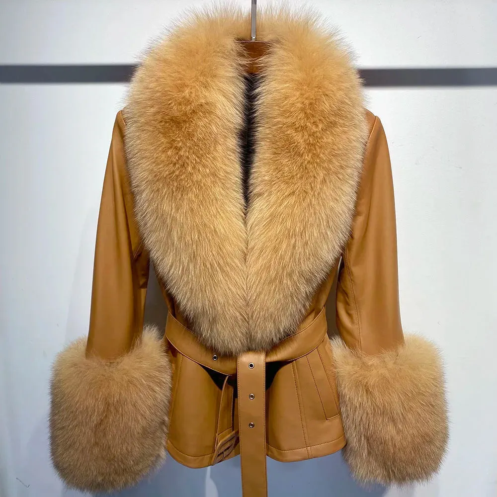 Women's Leather Coat with Fox Fur Collar