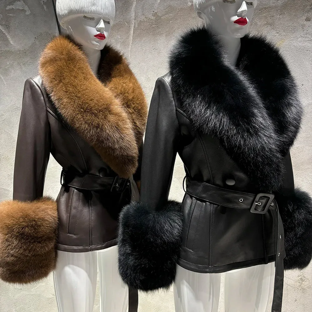 Women's Leather Coat with Fox Fur Collar