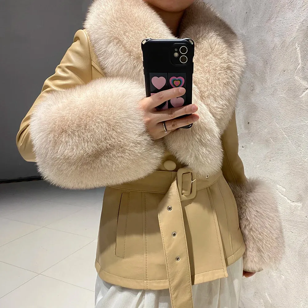 Women's Leather Coat with Fox Fur Collar