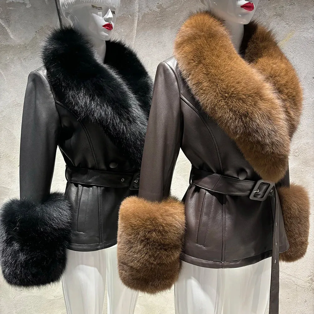 Women's Leather Coat with Fox Fur Collar