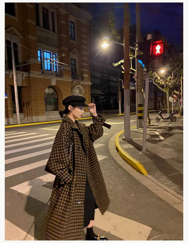 Women's Plaid Long Woolen Trench Coat Jacket