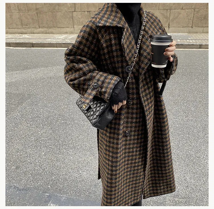 Women's Plaid Long Woolen Trench Coat Jacket