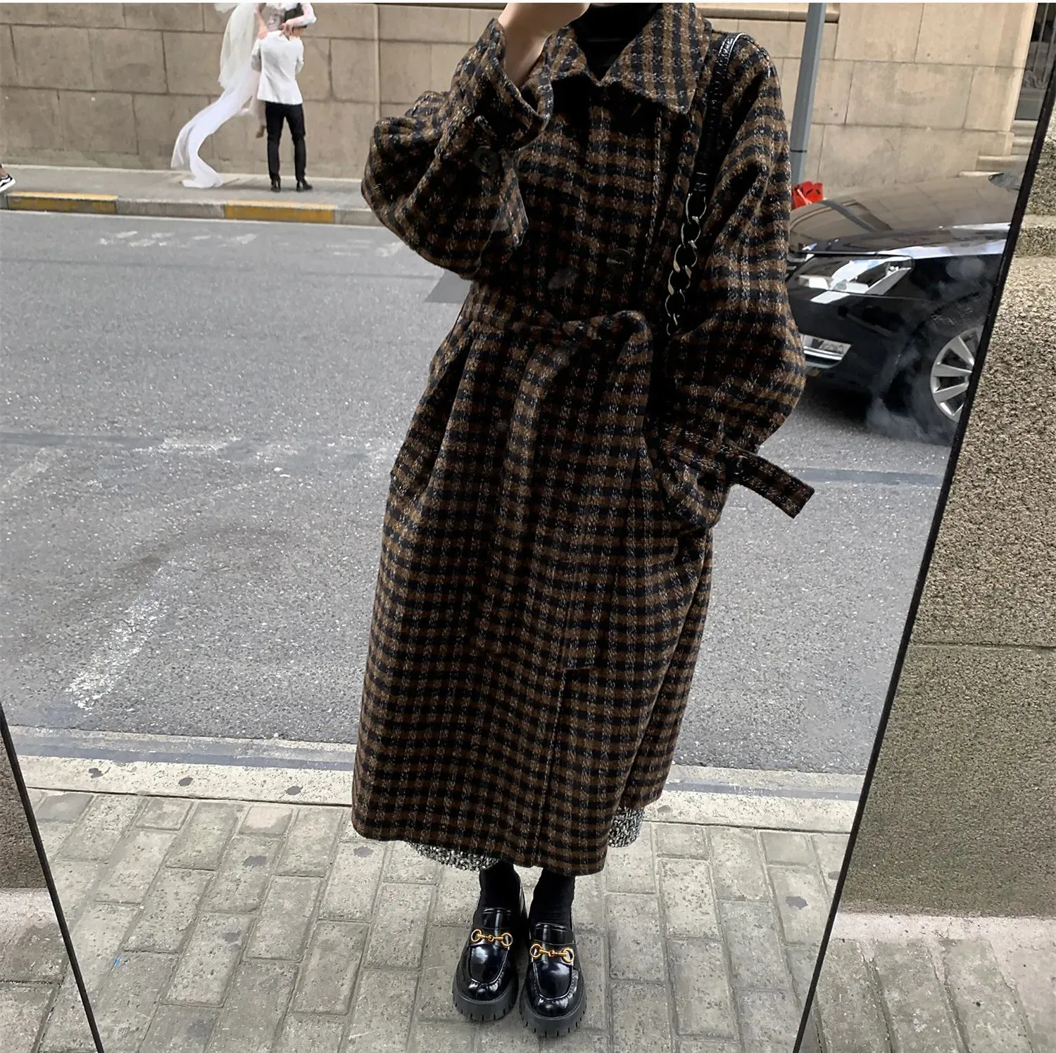 Women's Plaid Long Woolen Trench Coat Jacket