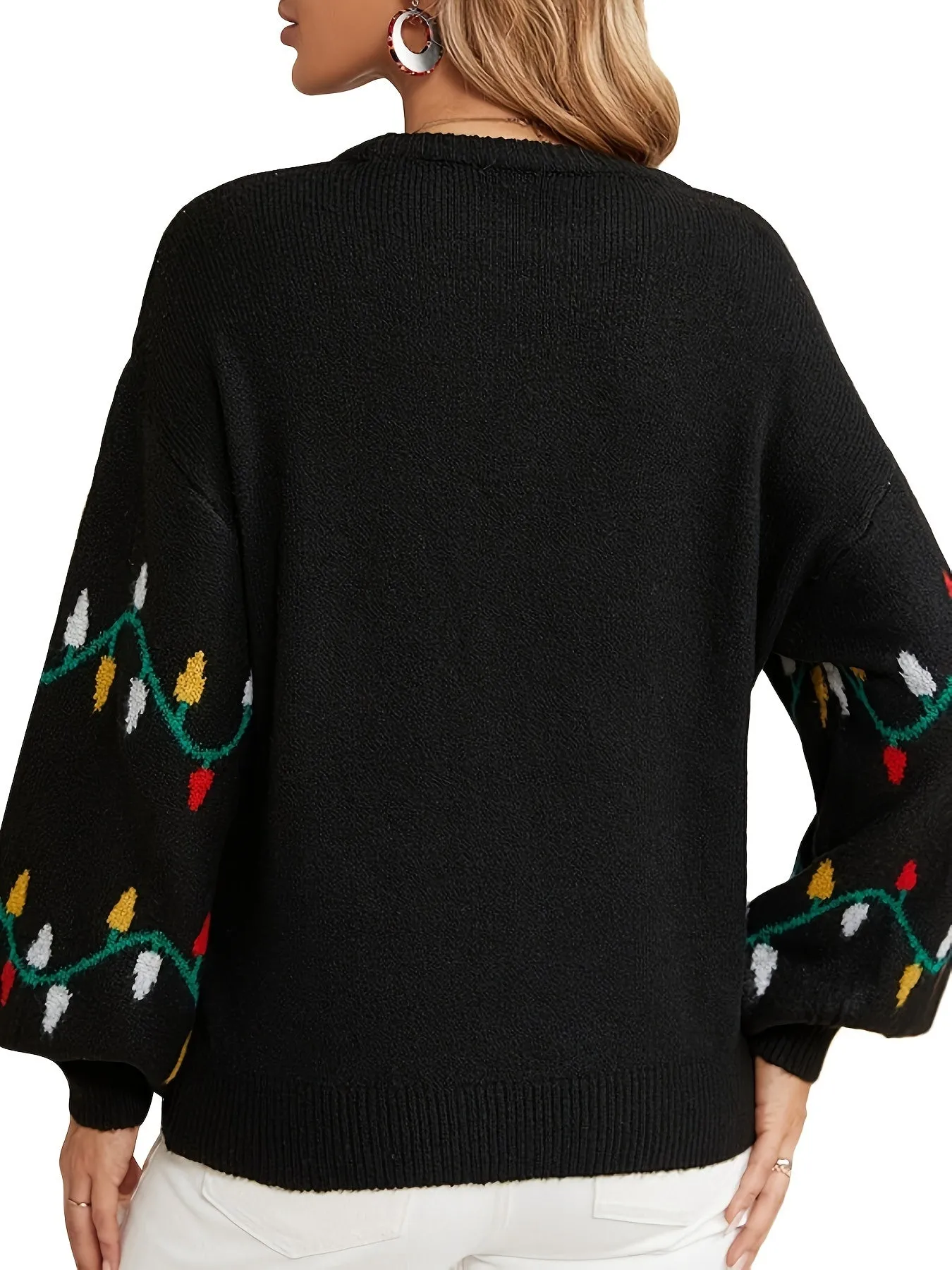 Women's Pullovers Loose Sweaters Christmas Lights Pattern Knitted Sweaters Long Sleeve Crewneck Sweaters