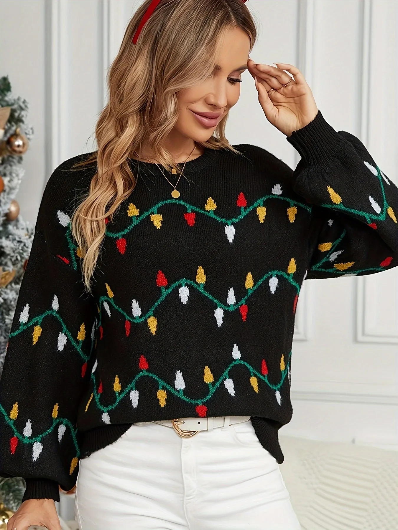 Women's Pullovers Loose Sweaters Christmas Lights Pattern Knitted Sweaters Long Sleeve Crewneck Sweaters