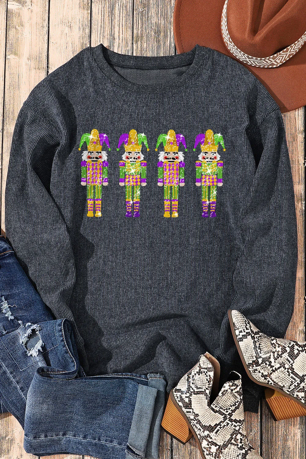 Women's Sequined Mardi Gras Nutcracker Patch Corded Sweatshirt